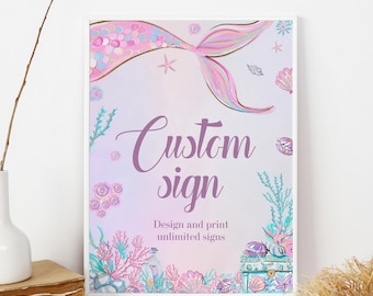 Editable Mermaid Custom Sign Template Under the Sea Custom Text Sign Pink Purple Girls Birthday Party Custom Text Sign Printable Instant M02