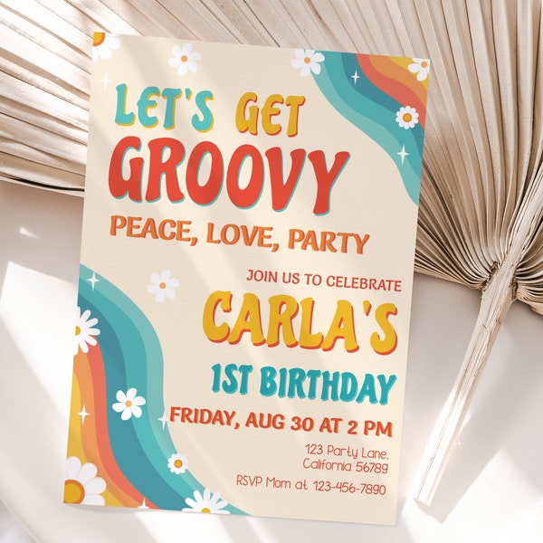 Let's Get Groovy Invitation Daisy Rainbow Groovy Birthday Invitation Hippie Retro Birthday Party Invite Girl EDITABLE Instant Digital G05