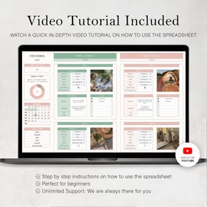 K&ouml;nnte beinhalten: Ein Laptop-Bildschirm, der eine Tabellenvorlage mit einem rosa und gr&uuml;nen Farbschema anzeigt. Der Bildschirm zeigt einen Kalender, Dateneingabefelder und den Text "Video Tutorial Included". Ein YouTube-Symbol ist sichtbar.