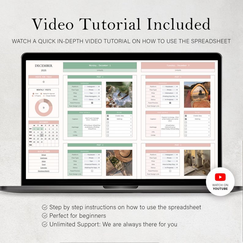 K&ouml;nnte beinhalten: Ein Laptop-Bildschirm, der eine Tabellenvorlage mit einem rosa und gr&uuml;nen Farbschema anzeigt. Der Bildschirm zeigt einen Kalender, Dateneingabefelder und den Text "Video Tutorial Included". Ein YouTube-Symbol ist sichtbar.