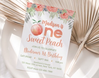 Editable Peach Birthday Invitation One Sweet Peach First Birthday Party Invite Peach Floral Girl 1st Birthday Printable Digital Instant P01