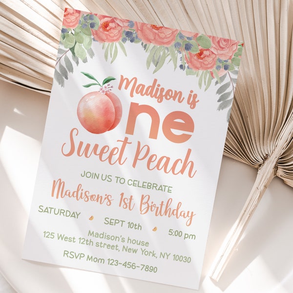Editable Peach Birthday Invitation One Sweet Peach First Birthday Party Invite Peach Floral Girl 1st Birthday Printable Digital Instant P01
