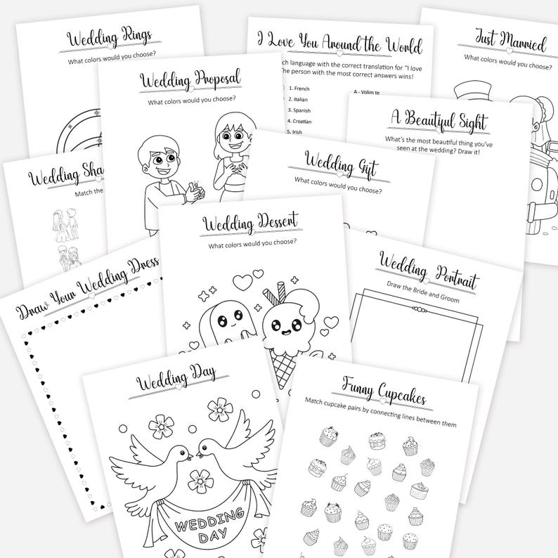 May include: A set of printable coloring pages with a wedding theme. The pages feature illustrations of wedding rings, a wedding proposal, a wedding dress, a wedding dessert, a wedding gift, a wedding portrait, a wedding day, and funny cupcakes. The pages are black and white and ready to be colored.