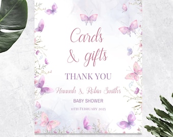 Butterfly Baby Shower Cards And Gifts Sign Butterfly Table Sign Butterfly Gift Box Sign Purple Butterfly Gift Table Sign EDITABLE BS4