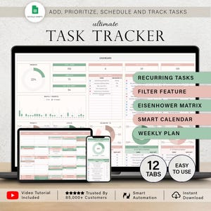 May include: A laptop, tablet, and smartphone display a task tracker interface with a dashboard, charts, and task lists. The interface includes features like recurring tasks, a filter feature, and an Eisenhower matrix. The text reads "ultimate TASK TRACKER".