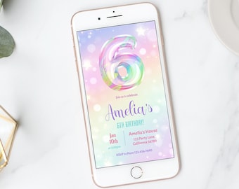 Rainbow 6th Birthday Invitation Rainbow Invitation Sixth Girl Digital Mobile E-Invite 6th Theme Party Electronic Evite Phone EDITABLE R05