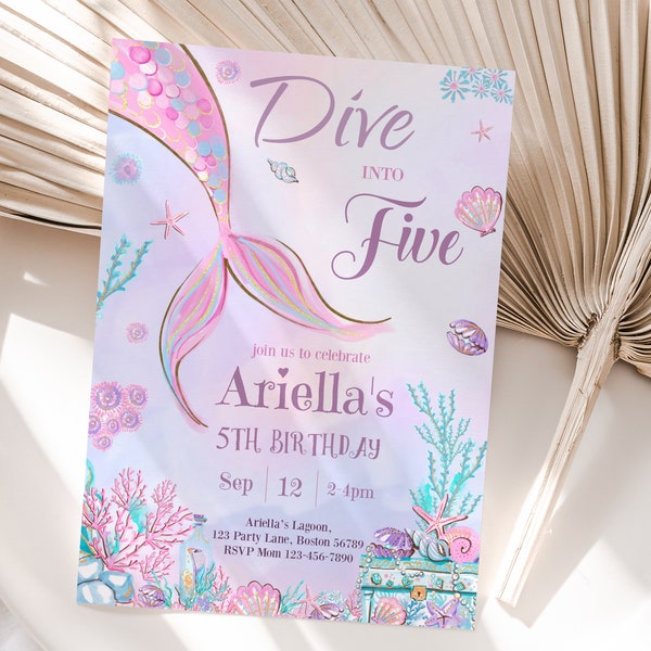 Dive into Five Mermaid Birthday Invitation Mermaid 5th Birthday Invite Girl Fifth Under the Sea Party Theme EDITABLE Instant Digital M02