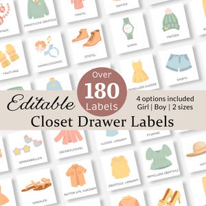 Puede incluir: Una colección de etiquetas cuadradas para cajones de armario con varias ilustraciones de ropa y accesorios con texto. La pancarta central muestra el texto Editable 180 Labels 4 options included Girl | Boy | 2 sizes Closet Drawer Labels.