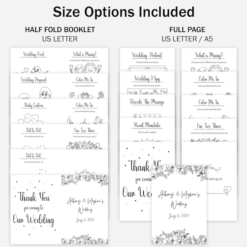 May include: Black and white printable wedding activity booklet with a variety of games and activities for guests to enjoy. The booklet includes games like "What is Missing?", "Color Me In", "Dot to Dot", and "One Two Three". The booklet also includes a "Wedding Portrait" page and a "Wedding I Spy" page. The booklet is available in two sizes: half-fold booklet and full page.