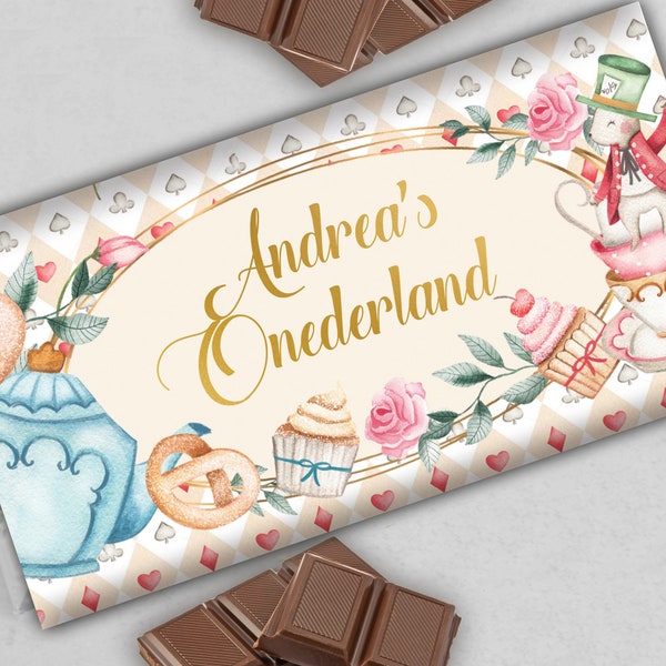 Alice In Wonderland Chocolate Label Alice In Onederland Candy Bar Wrapper Mad Hatter 1st Birthday Cover 1.55 oz Chocolate Bar EDITABLE A01