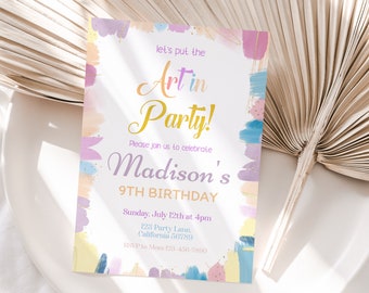 Art Birthday Party Invitation Painting Party Invite Canvas Craft Party Rainbow Pastel Colorful Crayon Brush EDITABLE Instant Download A04