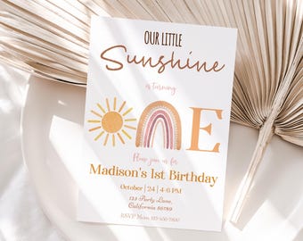 Our Little Sunshine Is Turning One Birthday Invitation First Birthday Party Invite First Trip Around The Sun Bohemian 1st One EDITABLE S06