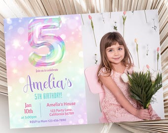 5th Birthday Invitation Photo Girl 5th Birthday Invite Picture Rainbow Fifth Birthday Invite 5 year old Birthday Invite Editable Instant R05