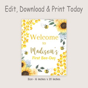 Bee Welcome Sign Bee Birthday Welcome Sign Bee Party Decor Bee Day Welcome Poster Bee Theme Welcome Sign EDITABLE Instant Digital B03 image 2
