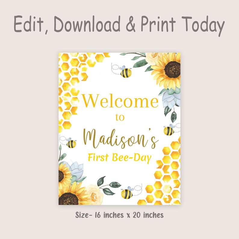 Bee Welcome Sign Bee Birthday Welcome Sign Bee Party Decor Bee Day Welcome Poster Bee Theme Welcome Sign EDITABLE Instant Digital B03 image 2