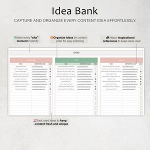 K&ouml;nnte beinhalten: Ein wei&szlig;er Idea Bank-Planer mit dem Titel "Idea Bank" oben. Der Planer dient dazu, Content-Ideen zu erfassen und zu organisieren. Er enth&auml;lt Abschnitte f&uuml;r Ideen, Inspirationslinks und ein Kontrollk&auml;stchen "verwendet". Der Text "CAPTURE AND ORGANIZE EVERY CONTENT IDEA EFFORTLESSLY" ist ebenfalls sichtbar.