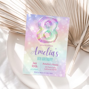 8th Birthday Invitation Girl 8th Birthday Party Invitation Rainbow Eighth Birthday Invite 8 year old Birthday Invite Editable Instant R05