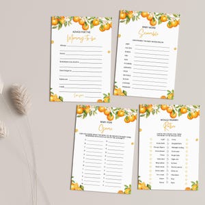 May include: Four printable baby shower game cards with orange blossom illustrations. The games are "Advice for the Mommy-to-be", "Baby Word Scramble", "Baby Item Game", and "Would Mommy Rather".