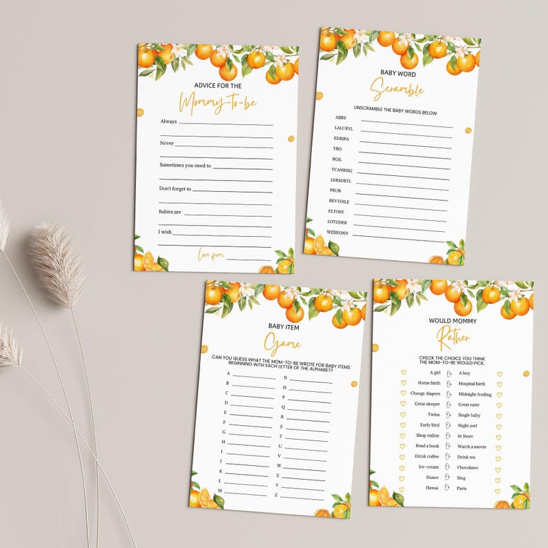 May include: Four printable baby shower game cards with orange blossom illustrations. The games are "Advice for the Mommy-to-be", "Baby Word Scramble", "Baby Item Game", and "Would Mommy Rather".