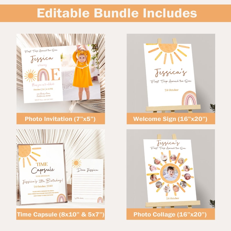 First Trip Around The Sun Birthday Invitation Bundle First Birthday Invite 1st Birthday Theme One Year Around Sun Party Editable Digital S06 image 3