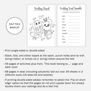 May include: A black and white printable booklet with a wedding theme. The front cover features a cartoon ice cream cone and popsicle with hearts and fruit. The back cover has a word scramble game with the title "Wedding Word Scramble".