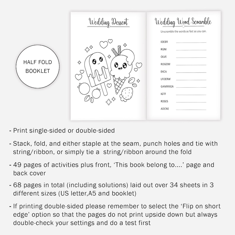 May include: A black and white printable booklet with a wedding theme. The front cover features a cartoon ice cream cone and popsicle with hearts and fruit. The back cover has a word scramble game with the title "Wedding Word Scramble".