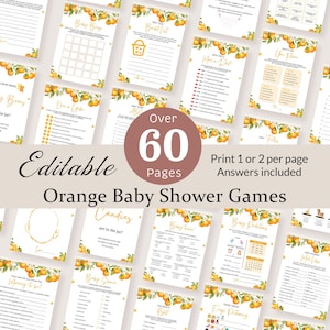 Paquete de juegos para baby shower de color naranja Actividad para fiesta de cítricos Juego "A Little Cutie Is On The Way" Chica clementina Predicción sobre el bebé de cítricos EDITABLE OA5