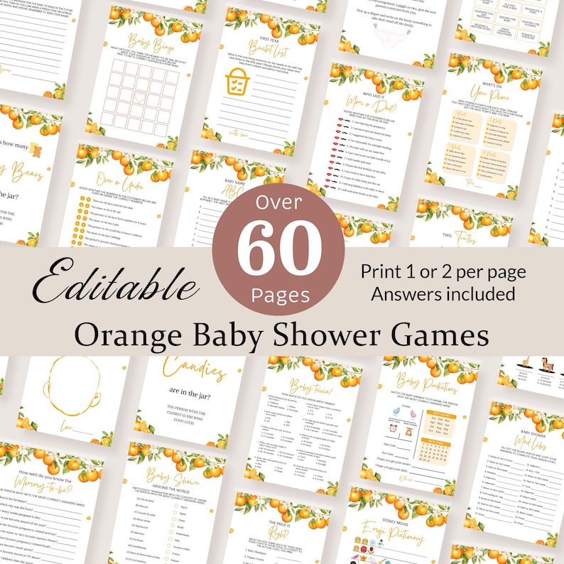 Orange Baby Shower Games Bundle Citrus Party Activity A Little Cutie Is On The Way Game Clementine Girl Citrus Baby Prediction EDITABLE OA5 image 1