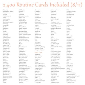 Pu&ograve; includere: Un elenco di 2.400 carte di routine intitolato 2,400 Routine Cards Included (8/11) organizzato in colonne. Il testo include varie attivit&agrave;, luoghi e compiti legati ai pasti come Shopping, Cinema, Breakfast e vari alimenti in carattere nero.