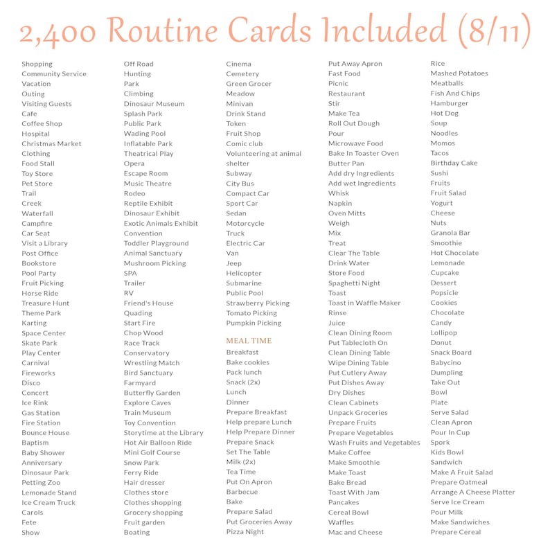 Pu&ograve; includere: Un elenco di 2.400 carte di routine intitolato 2,400 Routine Cards Included (8/11) organizzato in colonne. Il testo include varie attivit&agrave;, luoghi e compiti legati ai pasti come Shopping, Cinema, Breakfast e vari alimenti in carattere nero.