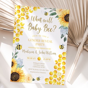 Cosa rivelerà il genere di Baby Bee Party Baby Bee Annuncio di genere Invito Genere neutro Invito MODIFICABILE Modello Download immediato BG1