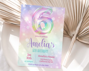 6th Birthday Invitation Girl 6th Birthday Party Invite Rainbow Holographic Sixth Birthday Invitation 6th Shape Balloon Editable Instant R05