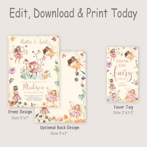 May include: Printable invitation and thank you tag set featuring a fairy theme. The invitation is 5 inches by 7 inches and the thank you tag is 2 inches by 3.5 inches. The design features watercolor illustrations of fairies, flowers, and mushrooms in shades of pink, green, and gold.