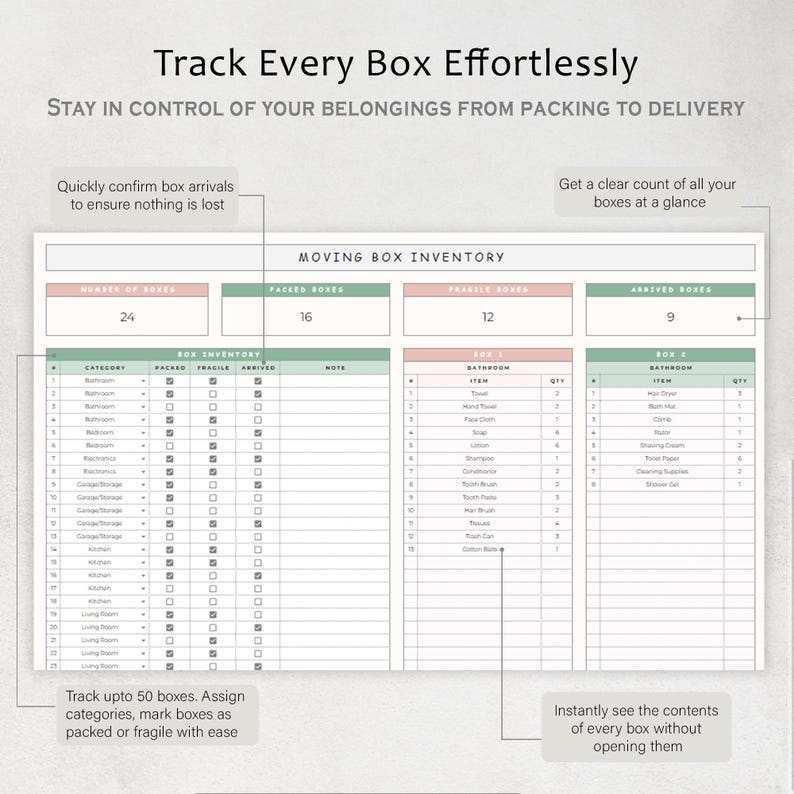 Moving Planner Moving Checklist Spreadsheet Packing Box Inventory ...