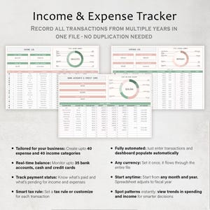 Puede incluir: Una hoja de c&aacute;lculo digital de seguimiento de ingresos y gastos. La imagen muestra datos financieros en tablas y gr&aacute;ficos, con el t&iacute;tulo "Income & Expense Tracker". El texto dice "RECORD ALL TRANSACTIONS FROM MULTIPLE YEARS IN ONE FILE - NO DUPLICATION NEEDED".