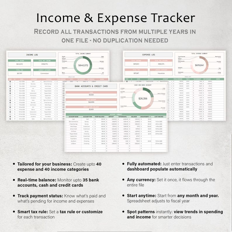 Puede incluir: Una hoja de c&aacute;lculo digital de seguimiento de ingresos y gastos. La imagen muestra datos financieros en tablas y gr&aacute;ficos, con el t&iacute;tulo "Income & Expense Tracker". El texto dice "RECORD ALL TRANSACTIONS FROM MULTIPLE YEARS IN ONE FILE - NO DUPLICATION NEEDED".