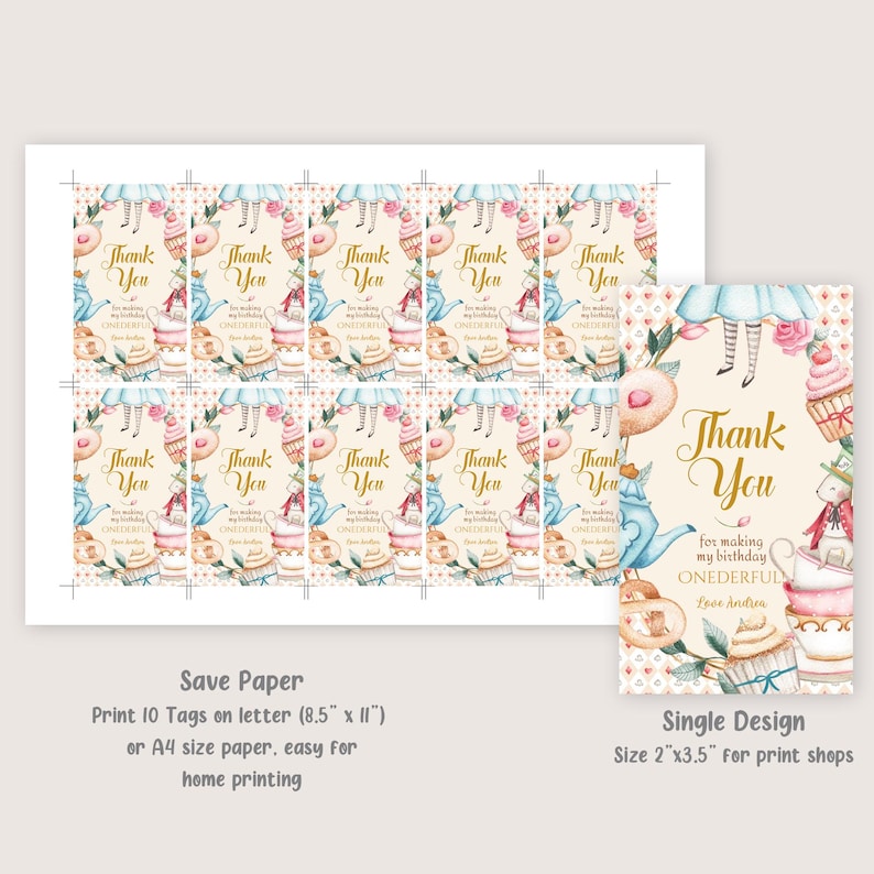 May include: Ten printable thank you tags featuring a watercolour illustration of Alice in Wonderland characters and tea party elements. The tags are designed for a first birthday party and include the text "Thank You for making my birthday ONEDERFUL".