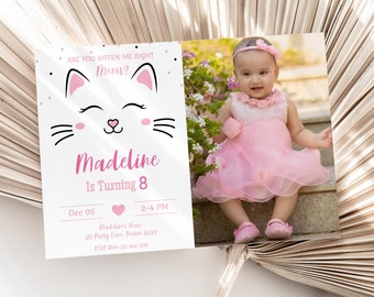 Cat Birthday Invitation with Photo Kitten Birthday Party Invitation Kitty Cat Girl Birthday Invite EDITABLE Template Instant Download K01