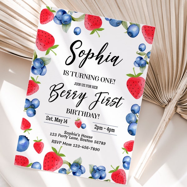 Editable Berries First Birthday Invitation Template Strawberry Blueberry Girl 1st Birthday Party Invite Cute Sweet Printable Instant S01