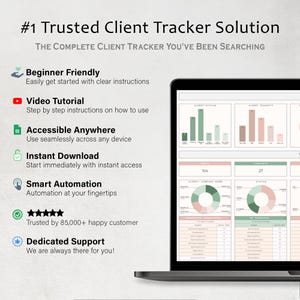Pode incluir: Uma tela de laptop exibindo uma interface de rastreamento de clientes com gr&aacute;ficos e dados. O texto diz "#1 Trusted Client Tracker Solution" e destaca recursos como "Beginner Friendly" e "Instant Download". A interface mostra gr&aacute;ficos e tabelas de dados.