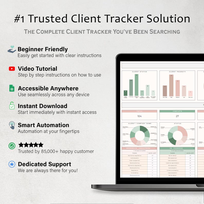 Pode incluir: Uma tela de laptop exibindo uma interface de rastreamento de clientes com gr&aacute;ficos e dados. O texto diz "#1 Trusted Client Tracker Solution" e destaca recursos como "Beginner Friendly" e "Instant Download". A interface mostra gr&aacute;ficos e tabelas de dados.