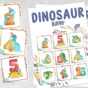 Jogo de Bingo de Dinossauros 20 cartas, atividade de aprendizagem pré-escolar de dinossauros, crianças pequenas, jardim de infância, jogo de matemática para impressão, download digital instantâneo D01