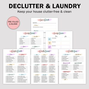 May include: A collection of printable decluttering and laundry checklists and schedules. The pages feature pastel watercolor accents and headings like "Space Declutter", "Laundry Checklist", and "Digital Declutter". The phrase "PRE-FILLED & BLANK" is in a pink circle.