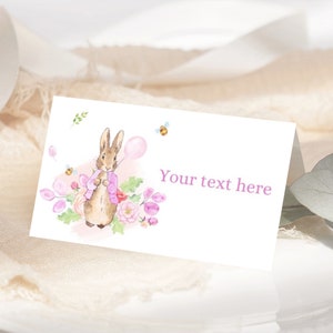 Peter Rabbit Food Zelt Pink Bunny Geburtstag Zelt Karte Mädchen 1st Birthday Party Food Label Flopsie Bunny Food Tags Dekoration EDITIERBAR P05