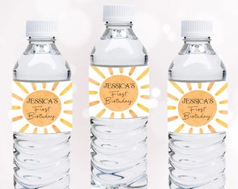 Etiquetas para botellas de agua "Primer viaje alrededor del sol" Pegatina para botella de cumpleaños "Primer viaje alrededor del sol" Envoltorio para botella "Sol" EDITABLE Instant S06