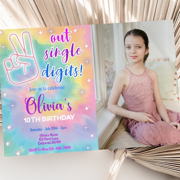 10th Birthday Invitation with Photo Girl 10 year old Birthday Invitation with Picture Out Single Digits Party Invite EDITABLE Instant