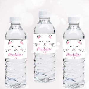 Cat Water Bottle Labels Cat Bottle Wrappers Kitten Decor Kitty Birthday Party Decoration Kitten Wraps Cat Theme EDITABLE Instant Digital K01