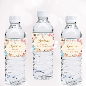 Étiquette de bouteille d'eau Alice au pays des merveilles Étiquette de bouteille d'eau du chapelier fou Alice à Onederland Drink Me étiquettes Modèle modifiable Instant A01