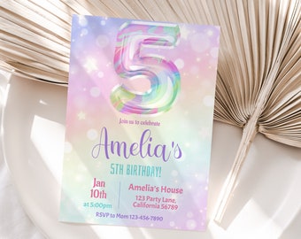 5th Birthday Invitation Girl 5th Birthday Party Invitation Rainbow Fifth Birthday Invite 5 year old Birthday Invite Editable Instant R05