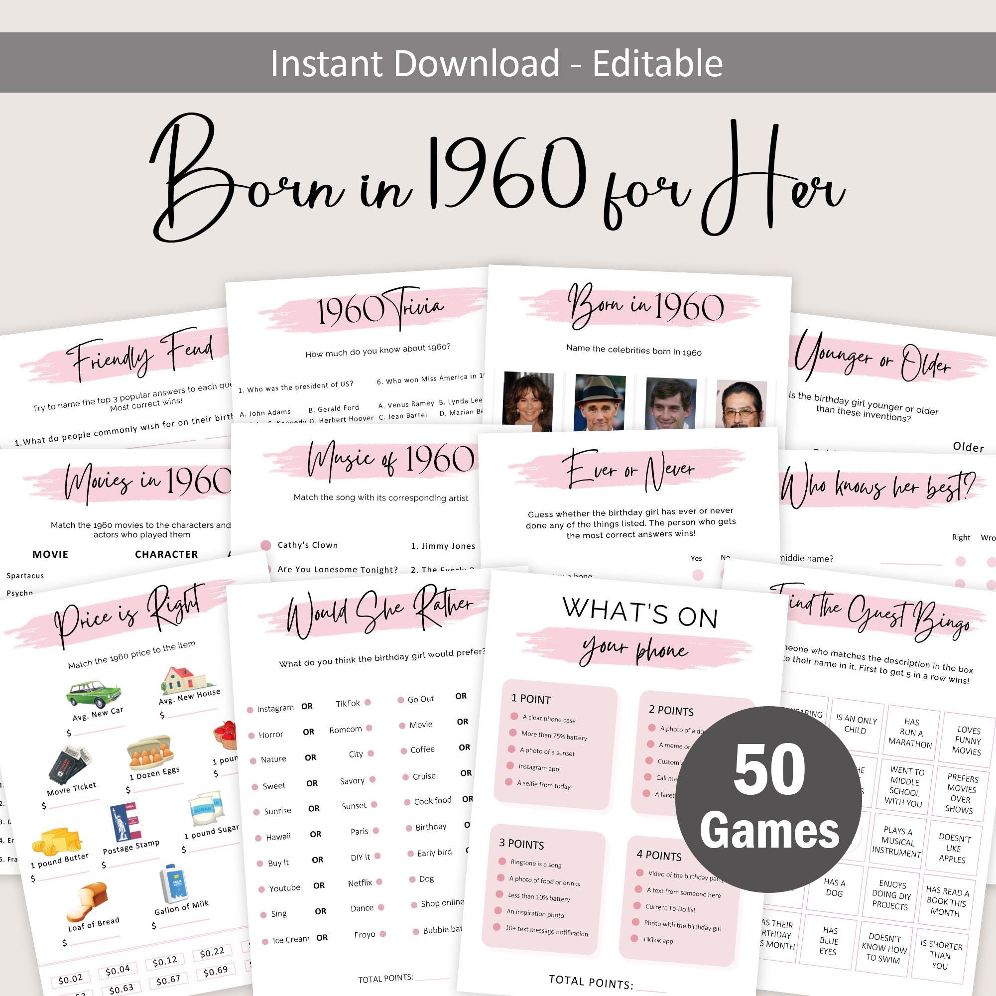 65th Birthday Games for Women 65th Birthday Party Games for Her Born in 1960 Game 1960 Trivia Quiz Activity Bundle Instant Digital EDITABLE